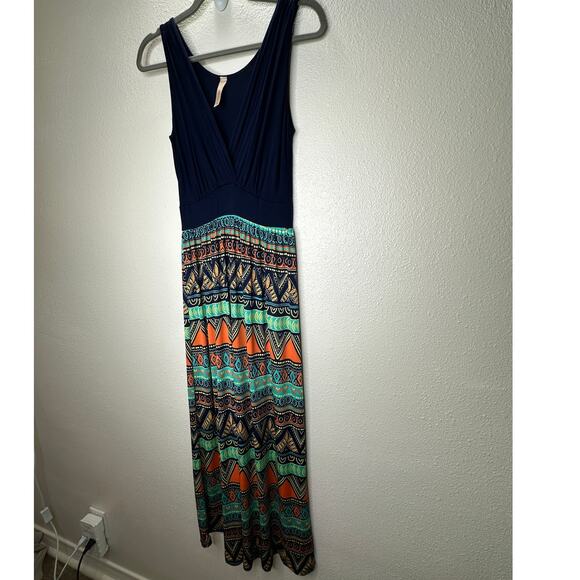 Gilli Navy Blue Teal Orange Multi Print Faux Wrap V-Neck Sleeveless Maxi Dress M - Picture 4 of 14